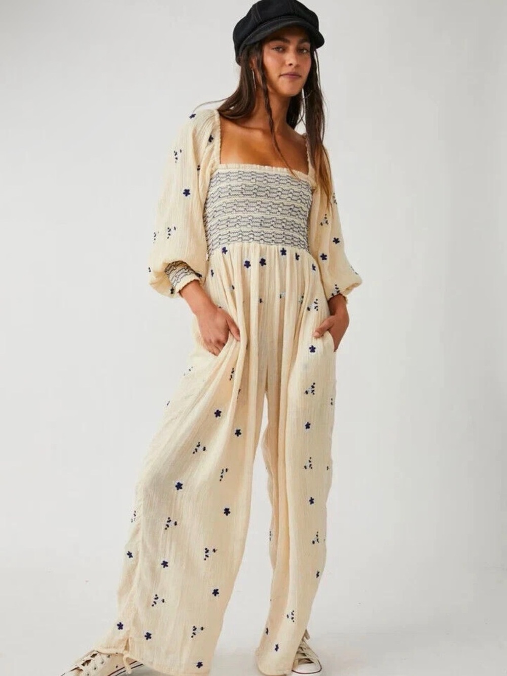 Free People Dahlia Embroidered Jumpsuit Smokced Off The Shoulder Size XS